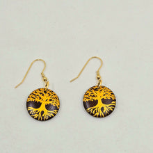 Load image into Gallery viewer, Tree of Life- handpainted wood earrings gold on dark brown