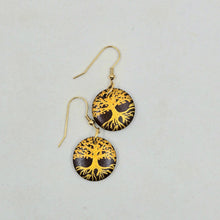 Load image into Gallery viewer, Tree of Life- handpainted wood earrings gold on dark brown