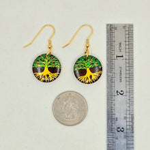 Load image into Gallery viewer, Tree of Life- handpainted wood earrings gold and green on dark brown