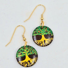 Load image into Gallery viewer, Tree of Life- handpainted wood earrings gold and green on dark brown