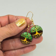 Load image into Gallery viewer, Tree of Life- handpainted wood earrings gold and green on dark brown