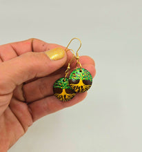 Load image into Gallery viewer, Tree of Life- handpainted wood earrings gold and green on dark brown