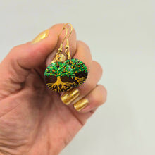 Load image into Gallery viewer, Tree of Life- handpainted wood earrings gold and green on dark brown