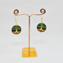 Load image into Gallery viewer, Tree of Life- handpainted wood earrings gold and green on dark brown
