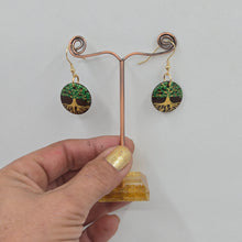 Load image into Gallery viewer, Tree of Life- handpainted wood earrings gold and green on dark brown