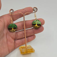 Load image into Gallery viewer, Tree of Life- handpainted wood earrings gold and green on dark brown