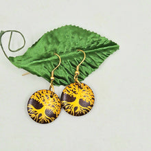 Load image into Gallery viewer, Tree of Life- handpainted wood earrings gold on dark brown