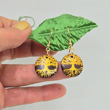 Load image into Gallery viewer, Tree of Life- handpainted wood earrings gold on dark brown