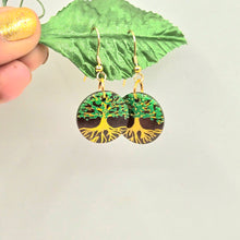 Load image into Gallery viewer, Tree of Life- handpainted wood earrings gold and green on dark brown