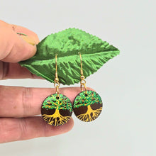 Load image into Gallery viewer, Tree of Life- handpainted wood earrings gold and green on dark brown