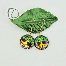 Load image into Gallery viewer, Tree of Life- handpainted wood earrings gold and green on dark brown
