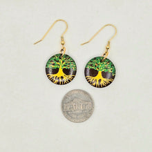 Load image into Gallery viewer, Tree of Life- handpainted wood earrings gold and green on dark brown