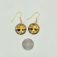 Load image into Gallery viewer, Tree of Life- handpainted wood earrings gold on dark brown
