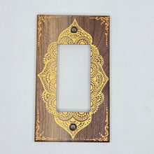 Load image into Gallery viewer, Hand Painted Walnut wood Switch / Cover / Wall plate for Paddle switch or decora outlet -Midsized. Gold henna inspired designs on solid wood