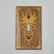 Load image into Gallery viewer, Hand Painted Cherry wood Switch / Cover / Wall plate for Toggle switch - Midsized. Gold lotus with henna inspired designs on solid wood