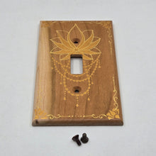 Load image into Gallery viewer, Hand Painted Cherry wood Switch / Cover / Wall plate for Toggle switch - Midsized. Gold lotus with henna inspired designs on solid wood