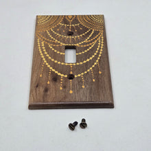 Load image into Gallery viewer, Hand Painted Walnut wood Switch / Cover / Wall plate for Toggle switch - Midsized. Gold henna inspired designs on solid wood