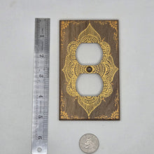 Load image into Gallery viewer, Hand Painted Walnut wood Wall plate for duplex outlet cover -Midsized. Gold henna inspired designs on solid wood