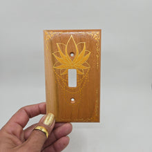 Load image into Gallery viewer, Hand Painted Cherry wood Switch / Cover / Wall plate for Toggle switch - Midsized. Gold lotus with henna inspired designs on solid wood