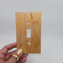 Load image into Gallery viewer, Hand Painted Cherry wood Switch / Cover / Wall plate for Toggle switch - Midsized. Gold henna inspired designs on solid wood