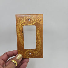 Load image into Gallery viewer, Hand Painted Cherry wood Switch / Cover / Wall plate for Paddle switch or decora outlet -Midsized. Gold henna inspired designs on solid wood.