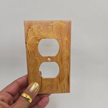 Load image into Gallery viewer, Hand Painted Cherry wood Wall Plate for Duplex outlet -Midsized. Gold henna inspired designs on solid wood