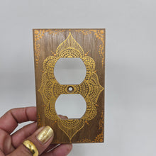 Load image into Gallery viewer, Hand Painted Walnut wood Wall plate for duplex outlet cover -Midsized. Gold henna inspired designs on solid wood