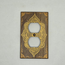 Load image into Gallery viewer, Hand Painted Walnut wood Wall plate for duplex outlet cover -Midsized. Gold henna inspired designs on solid wood