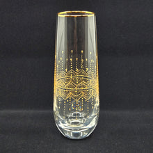 Load image into Gallery viewer, Hand Painted crystal champagne glasses - intricate henna inspired art in Gold.