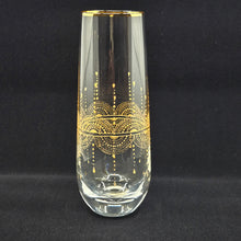 Load image into Gallery viewer, Hand Painted crystal champagne glasses - intricate henna inspired art in Gold.