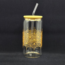 Load image into Gallery viewer, Hand painted glass tumbler with lid and straw- intricate henna inspired art in Gold.