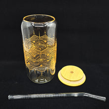 Load image into Gallery viewer, Hand painted glass tumbler with lid and straw- intricate henna inspired art in Gold.