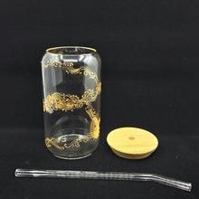 Load image into Gallery viewer, Hand painted glass tumbler with lid and straw- intricate henna inspired art in Gold.