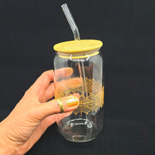 Load image into Gallery viewer, Hand painted glass tumbler with lid and straw- intricate henna inspired art in Gold.