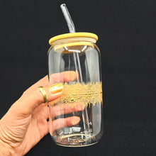 Load image into Gallery viewer, Hand painted glass tumbler with lid and straw- intricate henna inspired art in Gold.