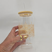 Load image into Gallery viewer, Hand painted glass tumbler with lid and straw- intricate henna inspired art in Gold.