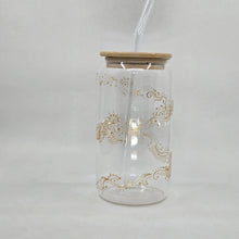 Load image into Gallery viewer, Hand painted glass tumbler with lid and straw- intricate henna inspired art in Gold.