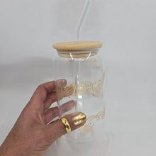 Load image into Gallery viewer, Hand painted glass tumbler with lid and straw- intricate henna inspired art in Gold.