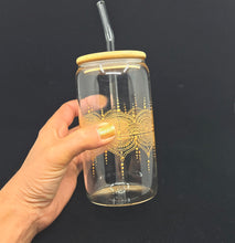 Load image into Gallery viewer, Hand painted glass tumbler with lid and straw- intricate henna inspired art in Gold.