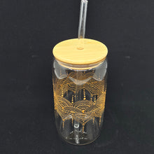 Load image into Gallery viewer, Hand painted glass tumbler with lid and straw- intricate henna inspired art in Gold.