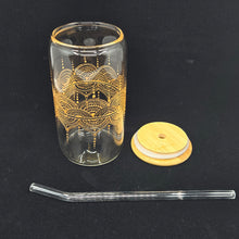 Load image into Gallery viewer, Hand painted glass tumbler with lid and straw- intricate henna inspired art in Gold.