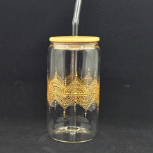 Load image into Gallery viewer, Hand painted glass tumbler with lid and straw- intricate henna inspired art in Gold.