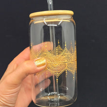 Load image into Gallery viewer, Hand painted glass tumbler with lid and straw- intricate henna inspired art in Gold.