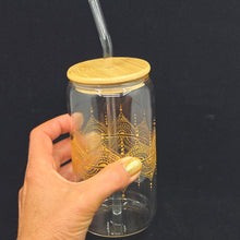 Load image into Gallery viewer, Hand painted glass tumbler with lid and straw- intricate henna inspired art in Gold.