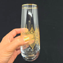 Load image into Gallery viewer, Hand Painted crystal champagne glasses - intricate henna inspired art in Gold.