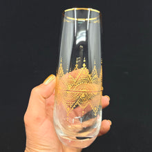 Load image into Gallery viewer, Hand Painted crystal champagne glasses - intricate henna inspired art in Gold.