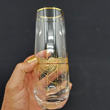 Load image into Gallery viewer, Hand Painted crystal champagne glasses - intricate henna inspired art in Gold.