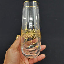 Load image into Gallery viewer, Hand Painted crystal champagne glasses - intricate henna inspired art in Gold.