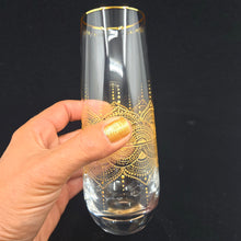 Load image into Gallery viewer, Hand Painted crystal champagne glasses - intricate henna inspired art in Gold.