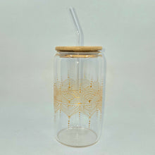 Load image into Gallery viewer, Hand painted glass tumbler with lid and straw- intricate henna inspired art in Gold.